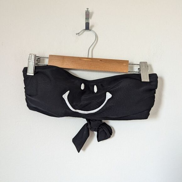 MOSCHINO Swim black embroidered white smiley face bandeau top bottoms bikini set - Picture 2 of 11